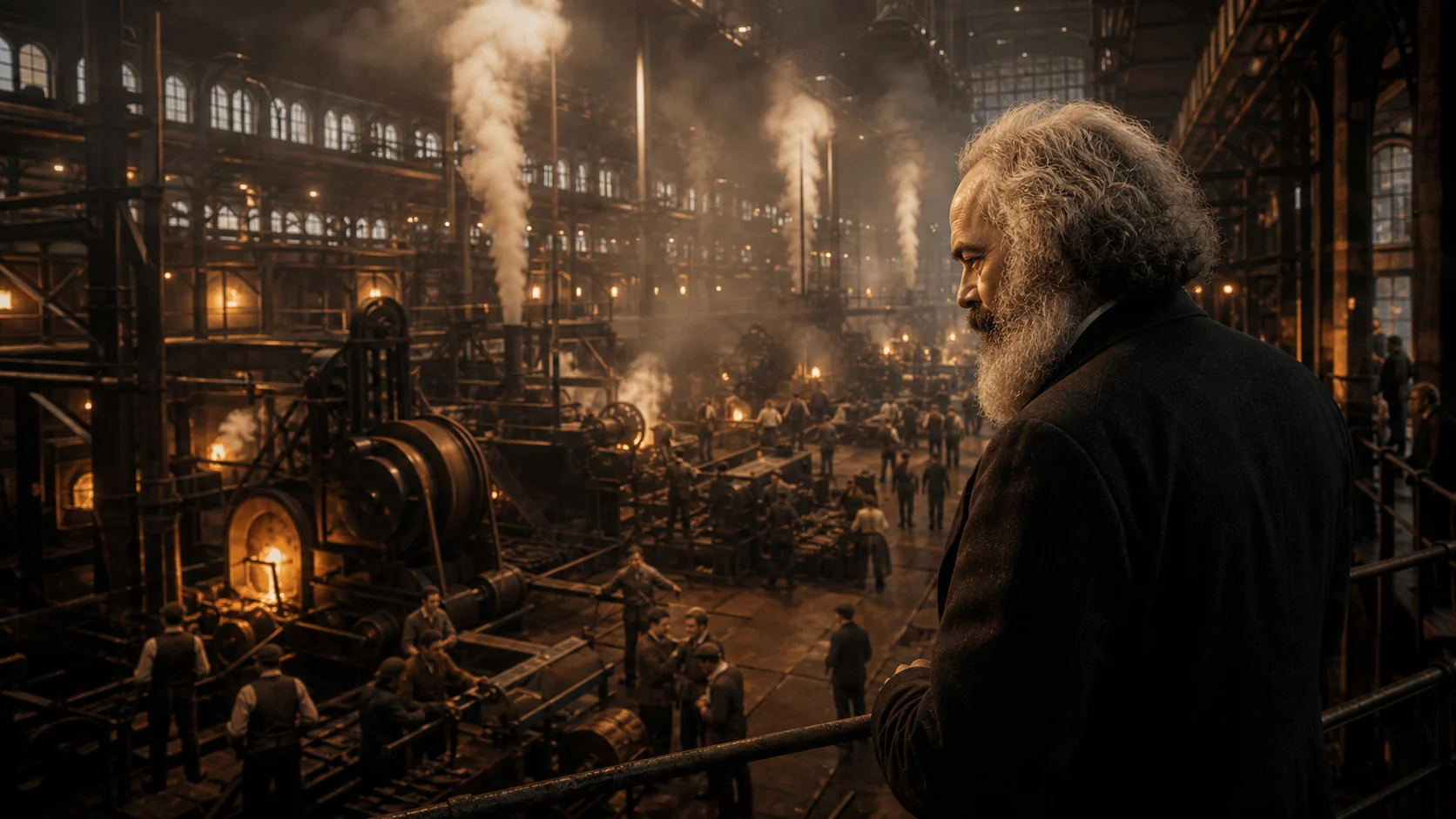 Karl Marx observando una fábrica industrial y el desarrollo del capitalismo