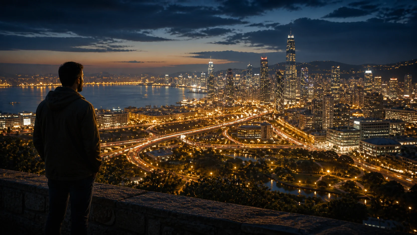Persona observando una ciudad moderna y reflexionando sobre el significado de la riqueza